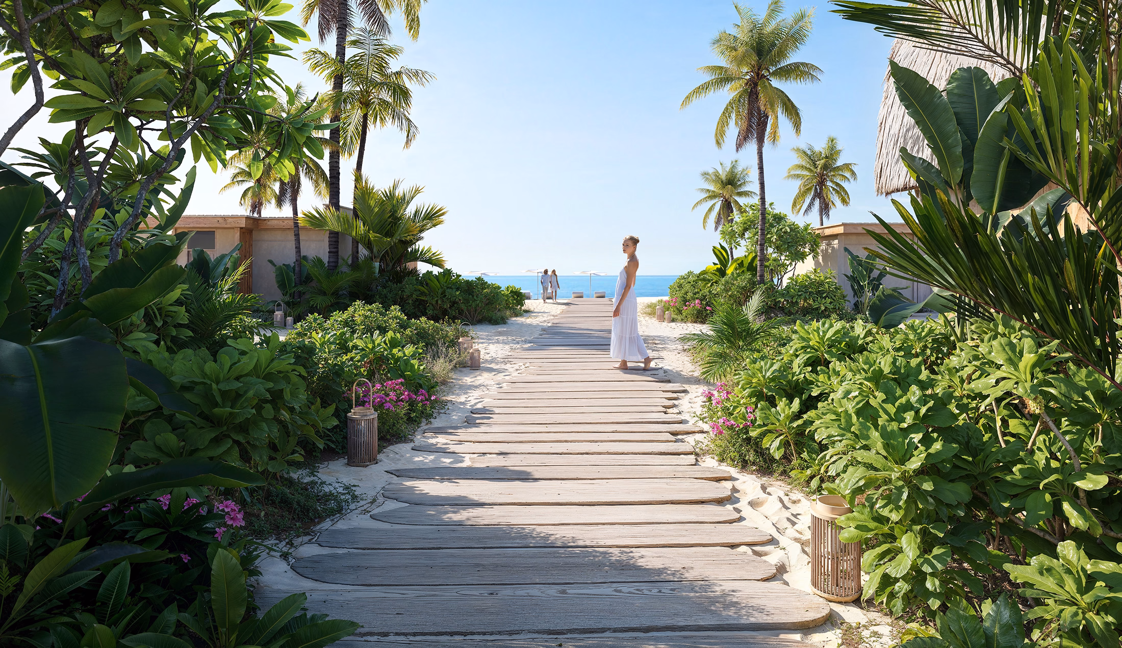 3D rendering of hotel terrace with ocean view, and palm trees